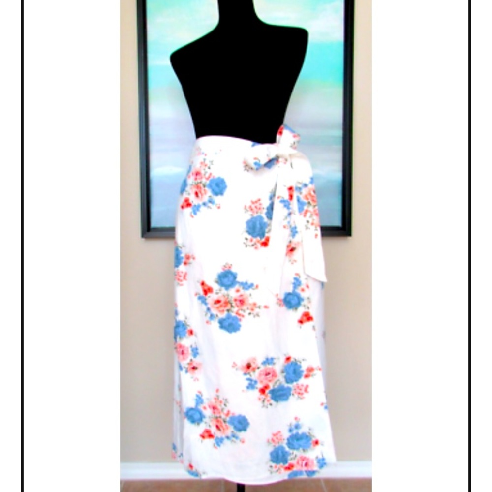LOFT White Linen Floral Print Midi Wrap Skirt - Picture 4 of 6
